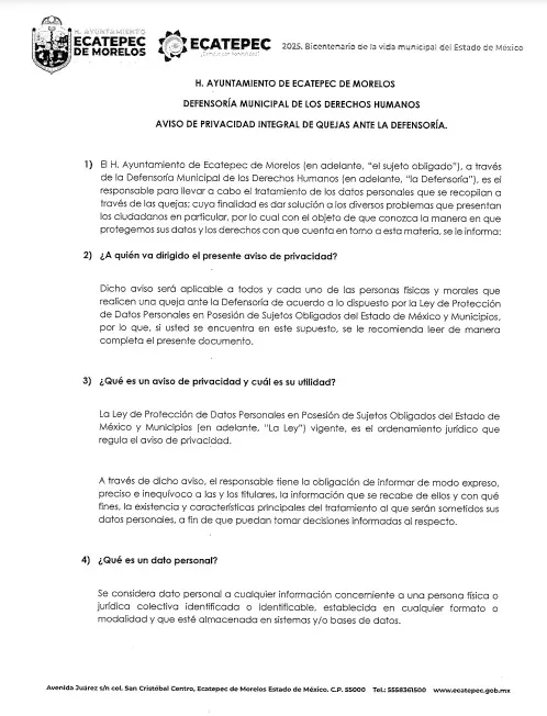 “Aviso de Privacidad Integral de quejas ante la defensoría”